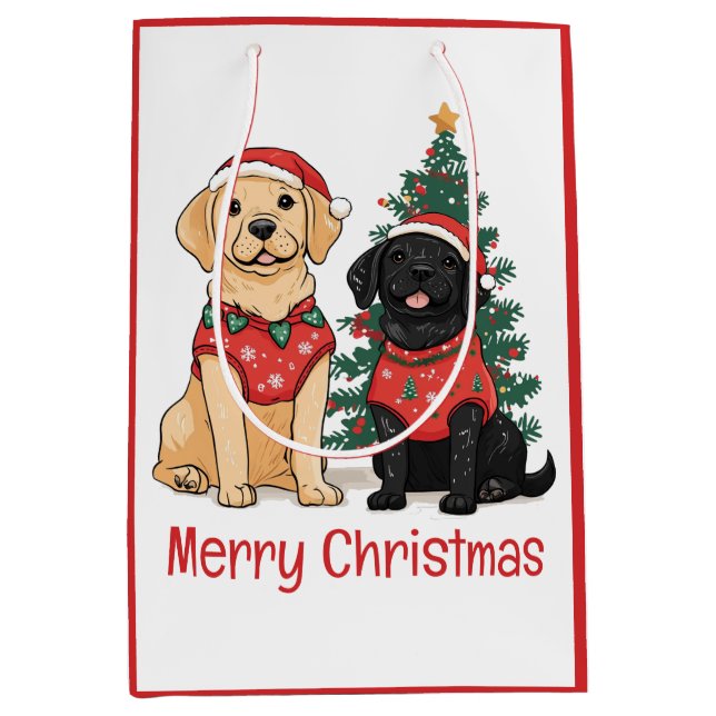 Sacola Para Presentes Média Cães Labrador Retriever Feliz Natal (Frente)