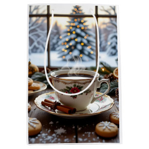 Sacola Para Presentes Média Café de Natal e Bolachas Cena de inverno