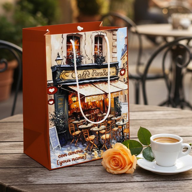 Sacola Para Presentes Média Café Italiano de Aquarela (Gift bag featuring a watercolor painting of an Italian café)
