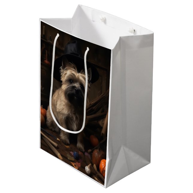 Sacola Para Presentes Média Cairn Terrier Pumpkins Halloween Scary (Frente inclinada)