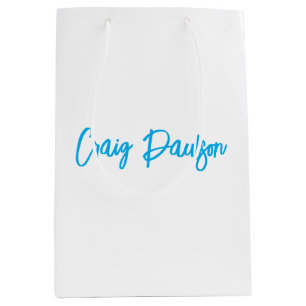 Sacola Para Presentes Média Caligrafia do Seu Nome Azul Branco Única Minimalis