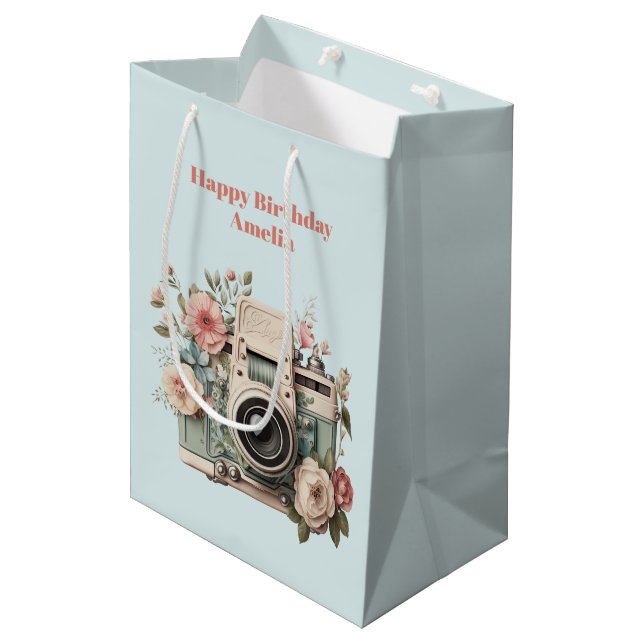 Sacola Para Presentes Média Câmera com Flores Imagem Pastel Retrô Aniversário (Frente inclinada)