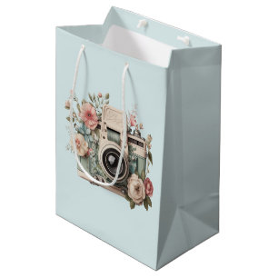 Sacola Para Presentes Média Câmera com Imagem Retro Pastel de Flores