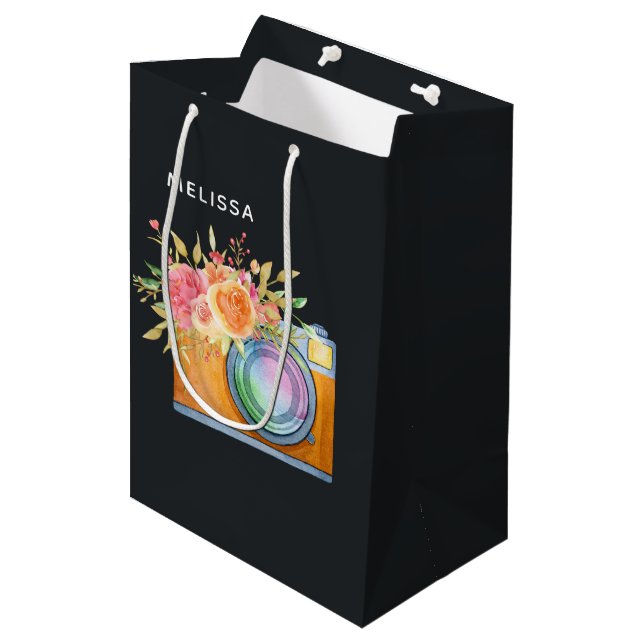 Sacola Para Presentes Média Câmera Laranja Boho e Buquê Floral Aquarela (Frente inclinada)