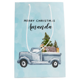 Sacola Para Presentes Média Caminhão de Natal com Pinheiros e Animais Floresta