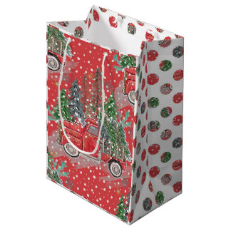 Sacola Para Presentes Média Caminhão de Natal Envolto em Vermelho