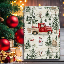 Sacola Para Presentes Média Caminhão Vermelho com presentes e boneco de neve