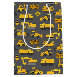 Sacola Para Presentes Média Caminhões de Construção e Sinais Cinzas