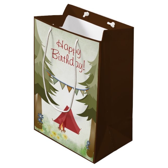 Sacola Para Presentes Média Camping, Tent, Campfire, Flowland Woodland Anivers (Frente inclinada)