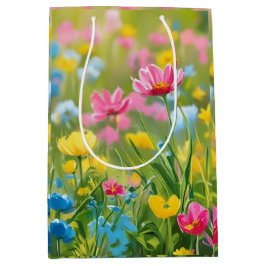 Sacola Para Presentes Média Campos de Flores Selvagens Verde Amarelo-Cor-de-Ro