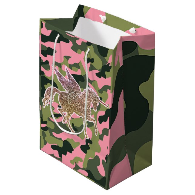 Sacola Para Presentes Média Camuflagem verde rosa e Unicórnio brilhante Dourad (Frente inclinada)