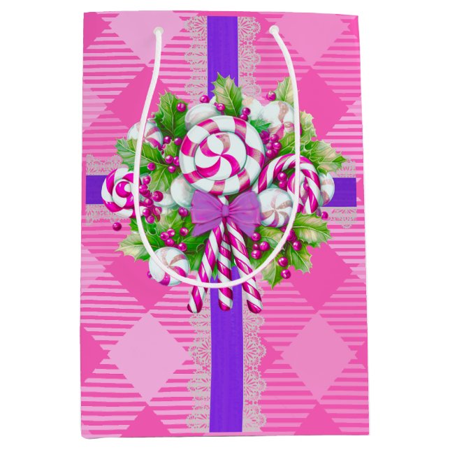 Sacola Para Presentes Média Candy Cane Purple e Pink Natal (Frente)