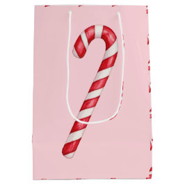 Sacola Para Presentes Média Candy cane red white stripes on pink watercolor 