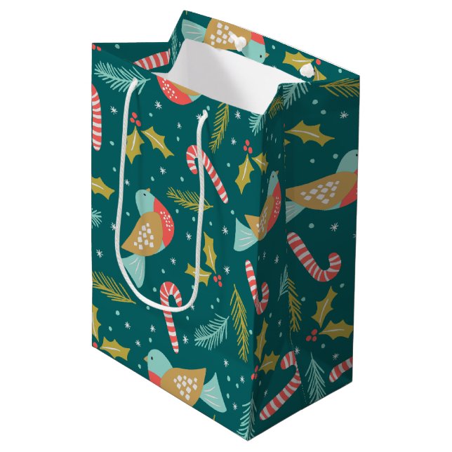 Sacola Para Presentes Média Candy Canes Holly Pine Boughs Birds (Frente inclinada)