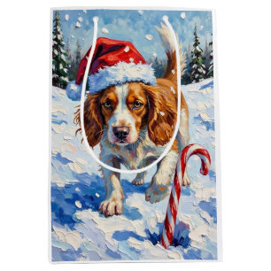 Sacola Para Presentes Média Cão Brittany Spaniel Apontando para Doce de Natal