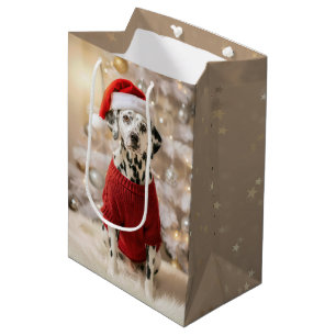 Sacola Para Presentes Média Cão Dalmata Vestindo uma Suéter Vermelha de Natal