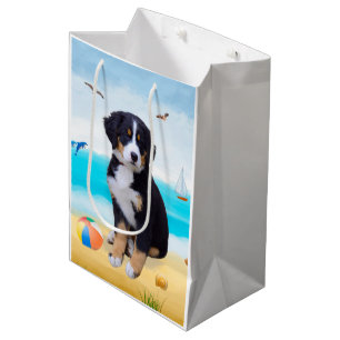Sacola Para Presentes Média Cão de Montanha Bernês na Praia
