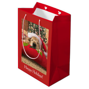Sacola Para Presentes Média Cão do golden retriever do Natal adormecido sob a