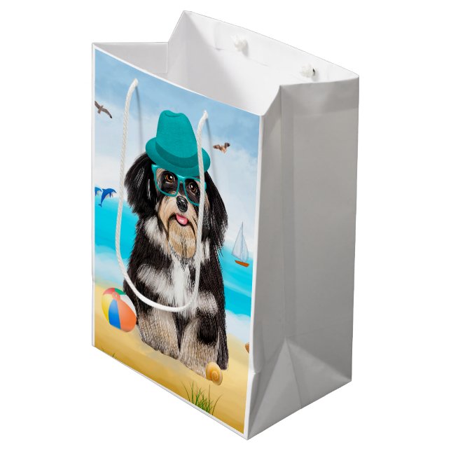 Sacola Para Presentes Média Cão Havanês na Praia (Frente inclinada)