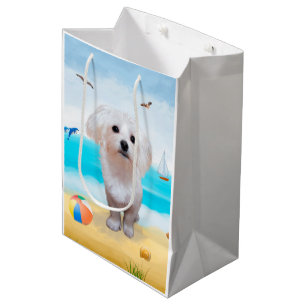 Sacola Para Presentes Média Cão Maltês na Praia
