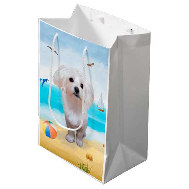Sacola Para Presentes Média Cão Maltês na Praia (Frente inclinada)