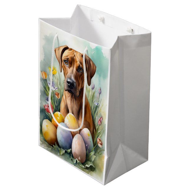 Sacola Para Presentes Média Cão Rhodesian Ridgeback com Feriado de Ovos de Pás (Frente inclinada)