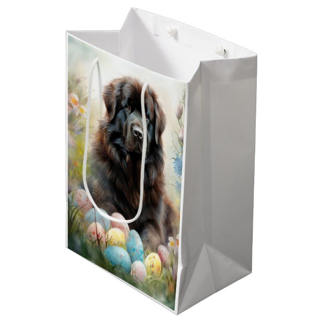 Sacola Para Presentes Média Cão Terra-Nova com Feriado de Ovos de Páscoa (Frente inclinada)