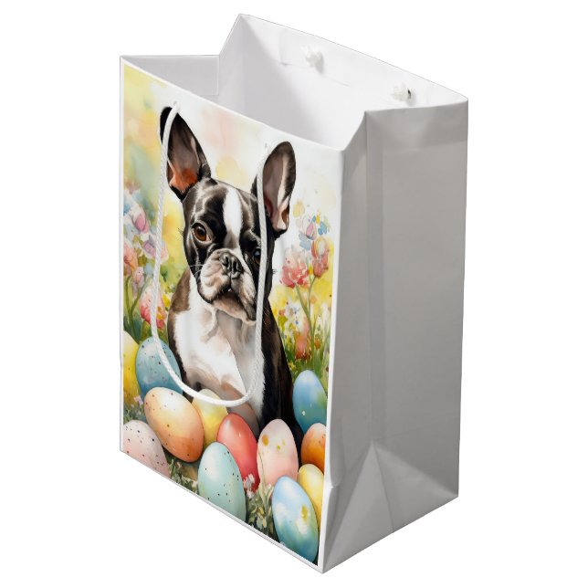Sacola Para Presentes Média Cão Terrier de Boston com Ovos da Páscoa Feriado (Frente inclinada)