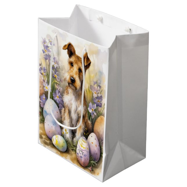 Sacola Para Presentes Média Cão Terrier Wirefox Com Ovos de Páscoa Feriado (Frente inclinada)