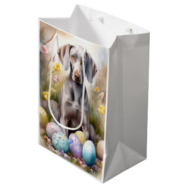 Sacola Para Presentes Média Cão Weimaraner com Ovos de Páscoa Feriado (Frente inclinada)