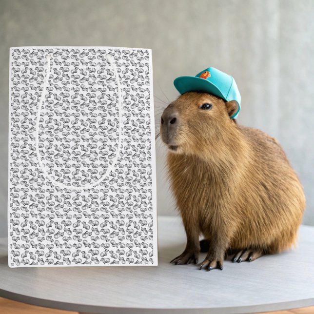Sacola Para Presentes Média Capybara Branca e Preta (Capybara and Baseball Gift Bag)
