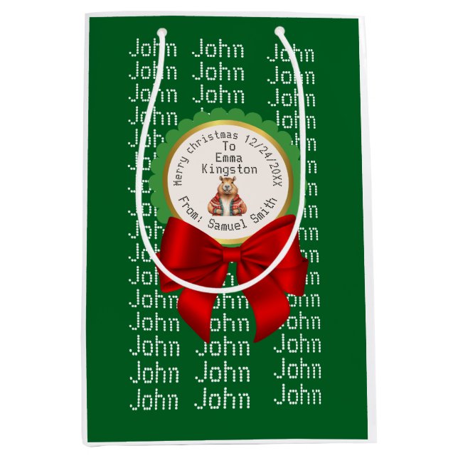 Sacola Para Presentes Média CAPYBARA green XMAS NAME EDITABLE  (Frente)