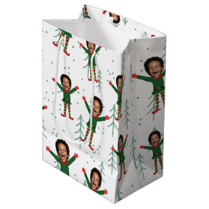 Sacola Para Presentes Média Cara e Nome do Criança Elf Padrão Engraçado de Nat