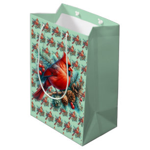 Sacola Para Presentes Média Cardeal em Pine Branch com Berries de inverno