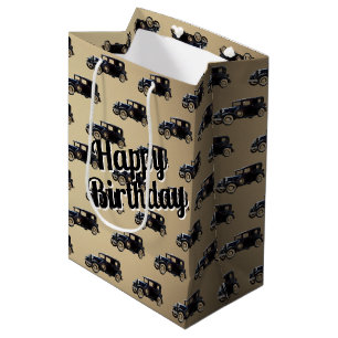 Sacola Para Presentes Média Carro Antiquado Negro de Aniversário