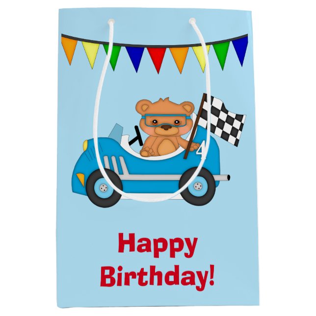 Sacola Para Presentes Média Carro de corridas e urso personalizados (Frente)