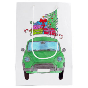 Sacola Para Presentes Média Carro Verde com Dobras de Natal