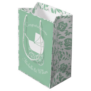 Sacola Para Presentes Média Carruagem Vintage Chá de fraldas Verde Sexo Neutr