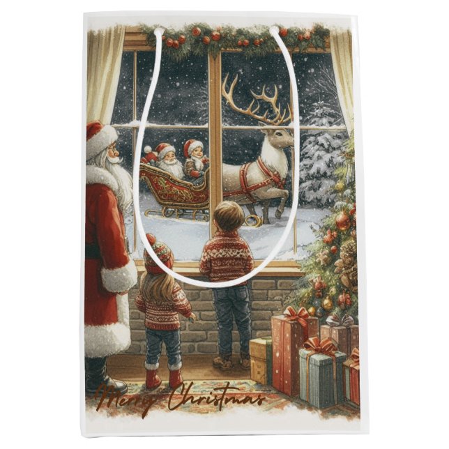 Sacola Para Presentes Média Cartão de Natal Rústico Vitoriano (Frente)