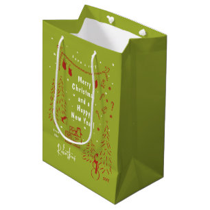 Sacola Para Presentes Média Cartão postal de Cena de Natal Vermelha e Verde Ca