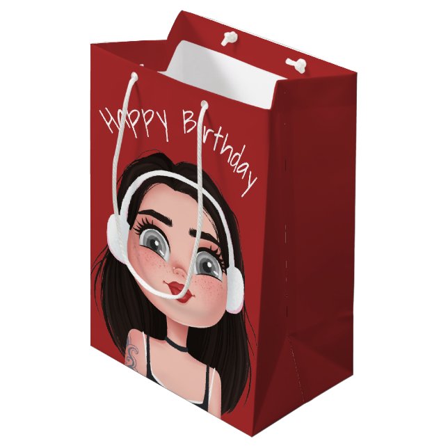 Sacola Para Presentes Média Cartoon Birthday Girl com Fones de ouvido (Frente inclinada)