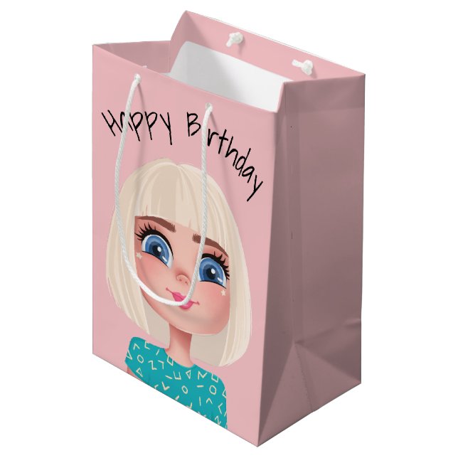 Sacola Para Presentes Média Cartoon Birthday Girl On Blush Pink (Frente inclinada)