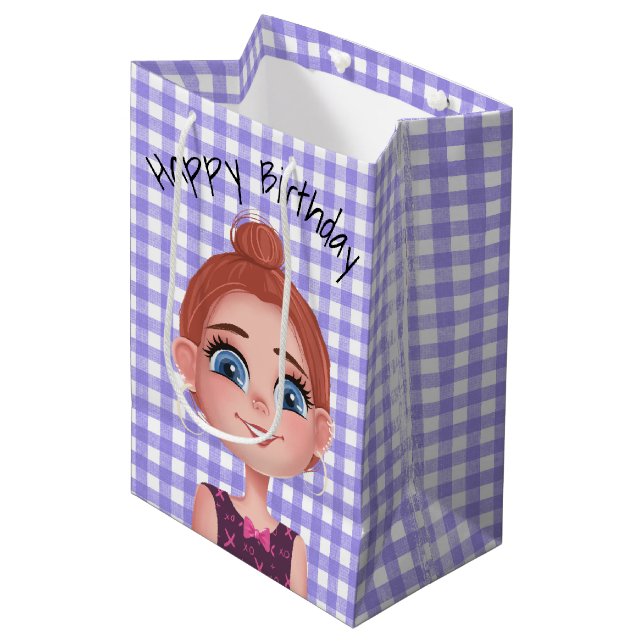 Sacola Para Presentes Média Cartoon Birthday Girl On Gingham (Frente inclinada)