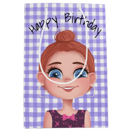 Sacola Para Presentes Média Cartoon Birthday Girl On Gingham