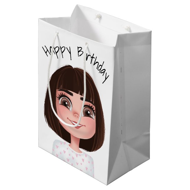 Sacola Para Presentes Média Cartoon Birthday Girl On White (Frente inclinada)