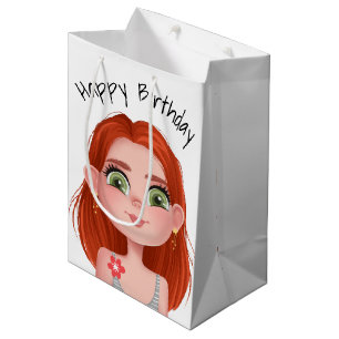 Sacola Para Presentes Média Cartoon Birthday Redhead Girl On White