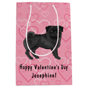 Sacola Para Presentes Média Cartoon Black Pug Dog Mops Adoram Padrões do Coraç