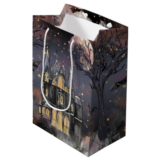 Sacola Para Presentes Média Casa Assombrada | Árvore lunar e morcegos (Frente inclinada)
