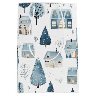 Sacola Para Presentes Média Casa de Natal Azul e Árvores