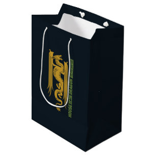 Sacola Para Presentes Média Casa do Dragão Ano Novo Dourado e Verde 恭 喜 發 財